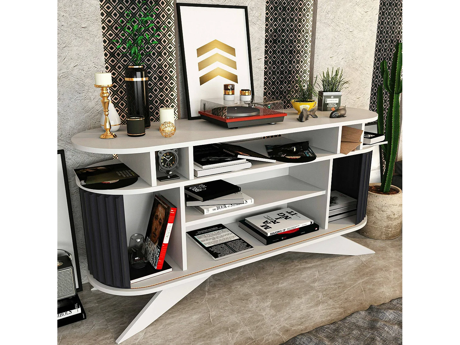 Buffet Zaurak, Buffet du salon, Commode de salon, Garde-manger de cuisine, 150x43h75 cm, Blanc et anthracite