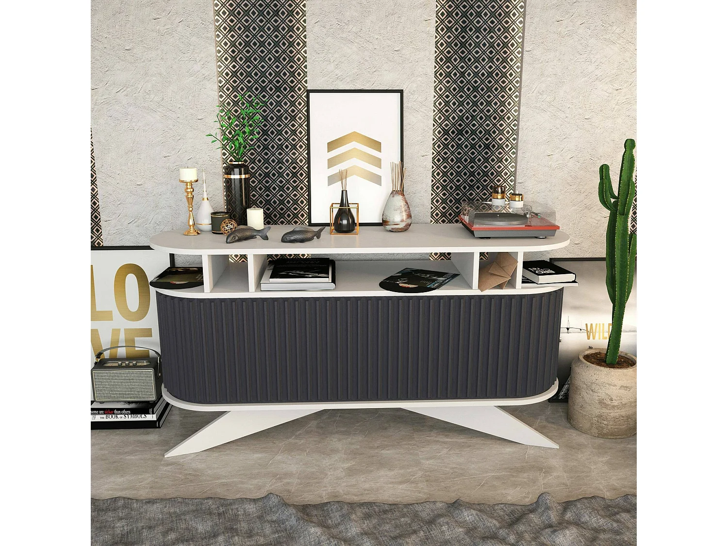Buffet Zaurak, Buffet du salon, Commode de salon, Garde-manger de cuisine, 150x43h75 cm, Blanc et anthracite