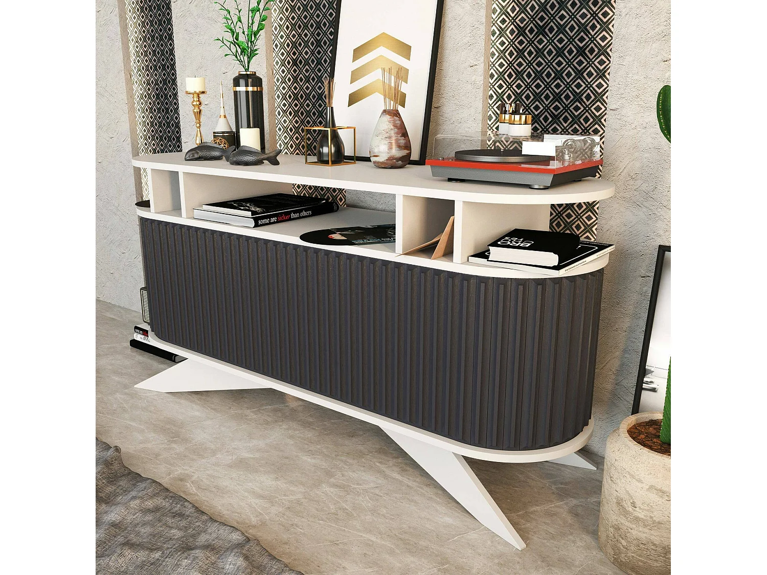 Buffet Zaurak, Buffet du salon, Commode de salon, Garde-manger de cuisine, 150x43h75 cm, Blanc et anthracite