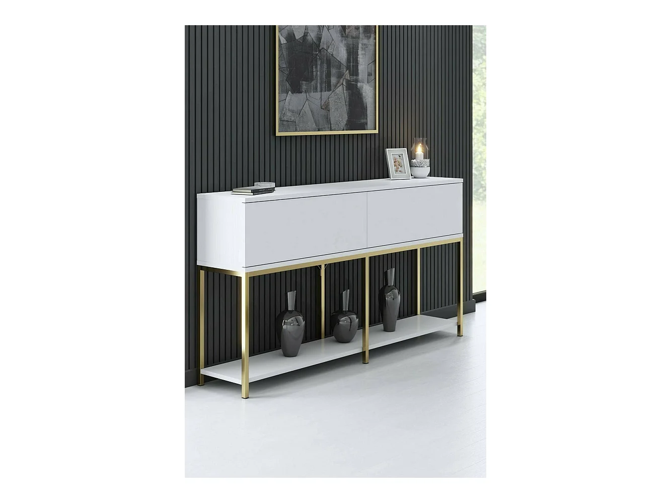 Buffet Altair, Buffet du salon, Commode de salon, Garde-manger de cuisine, 150x30h80 cm, Blanc et Or