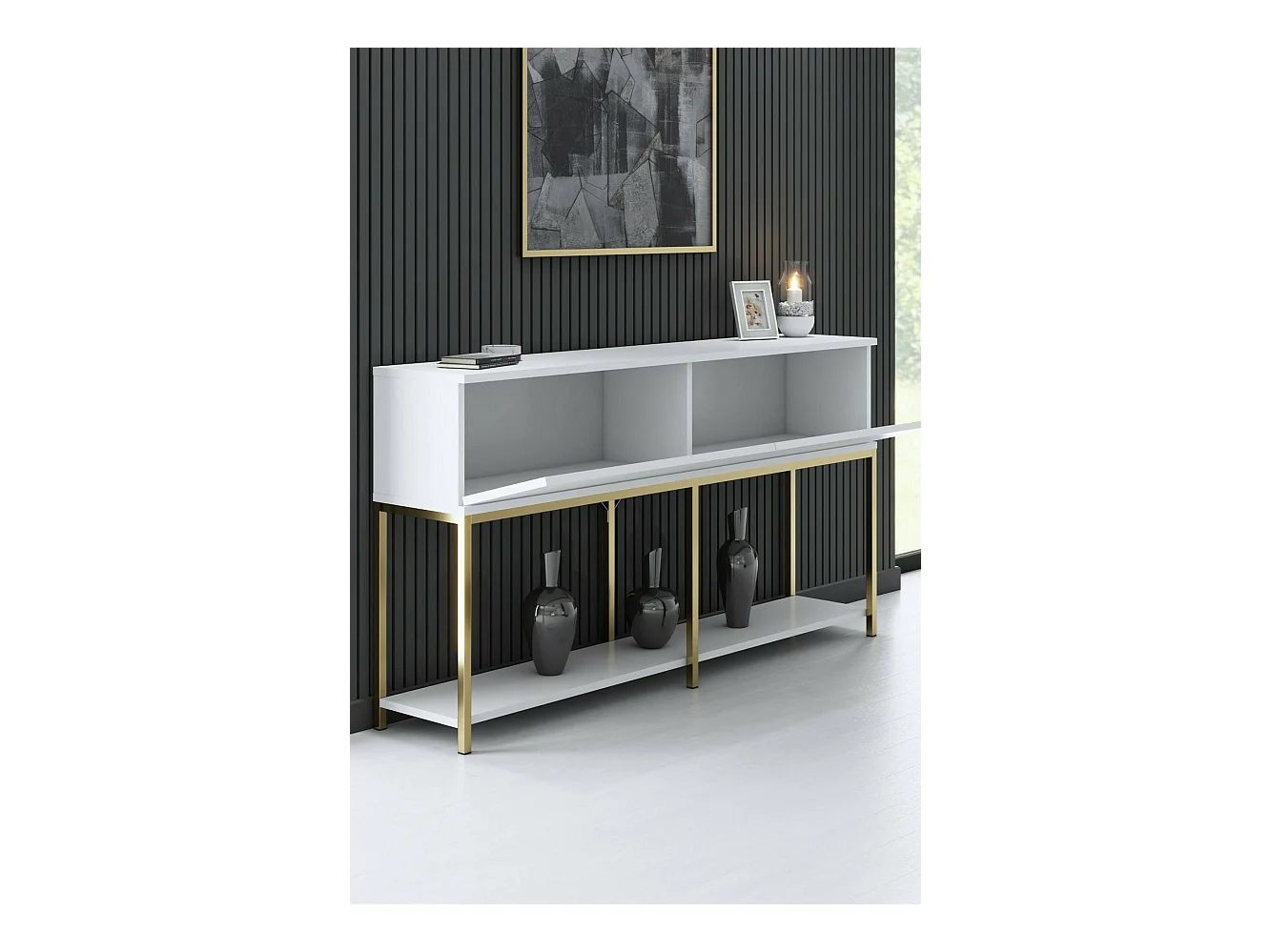 Buffet Altair, Buffet du salon, Commode de salon, Garde-manger de cuisine, 150x30h80 cm, Blanc et Or