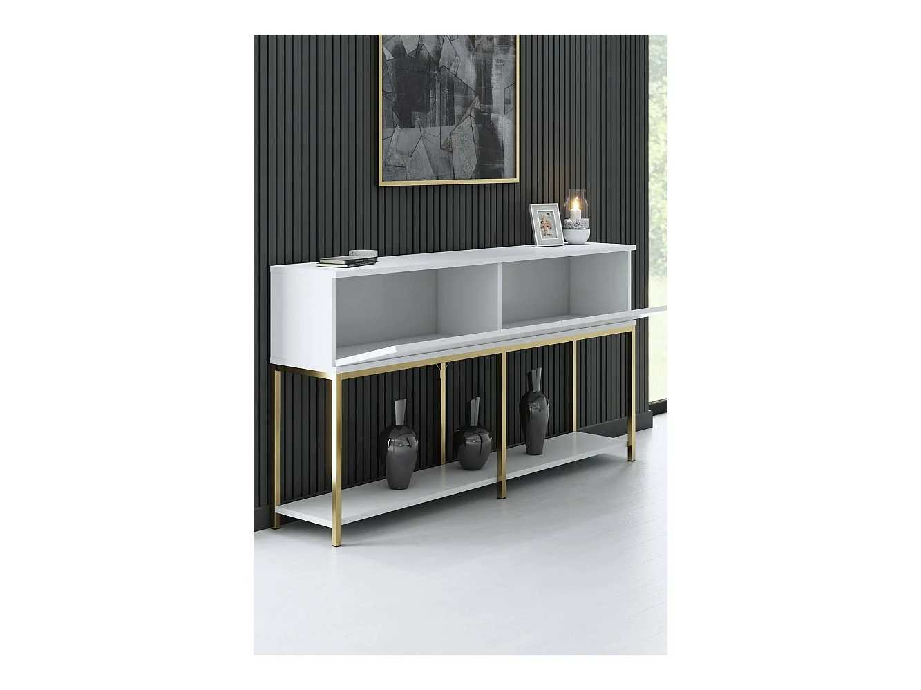 Buffet Altair, Buffet du salon, Commode de salon, Garde-manger de cuisine, 150x30h80 cm, Blanc et Or