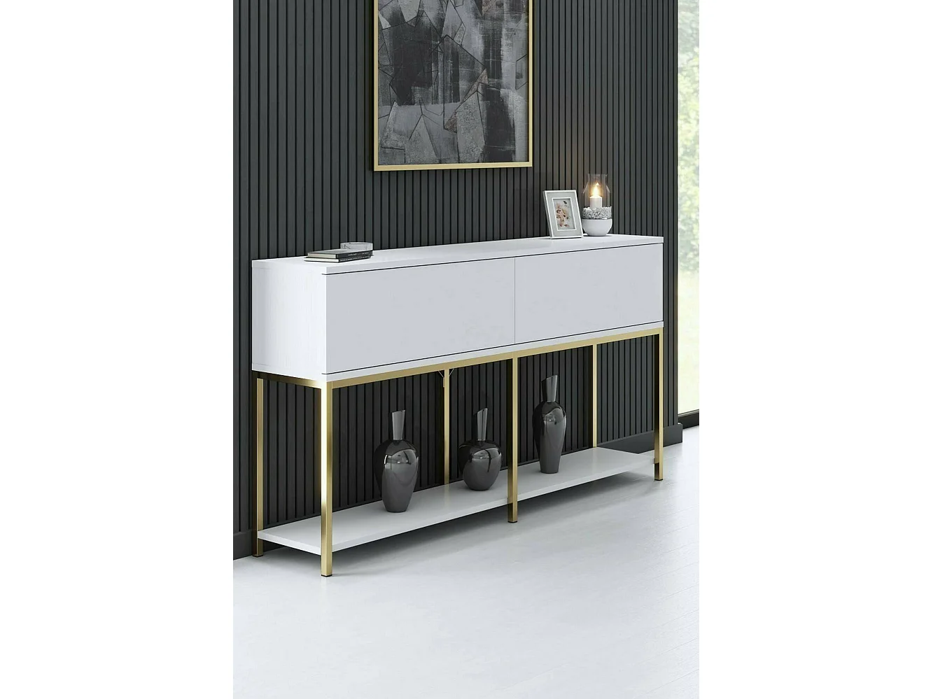 Djimsit Dressoir, Woonkamer Buffet, Woonkamer, Keuken Pantry, 150x30h80 cm, Wit en Goud