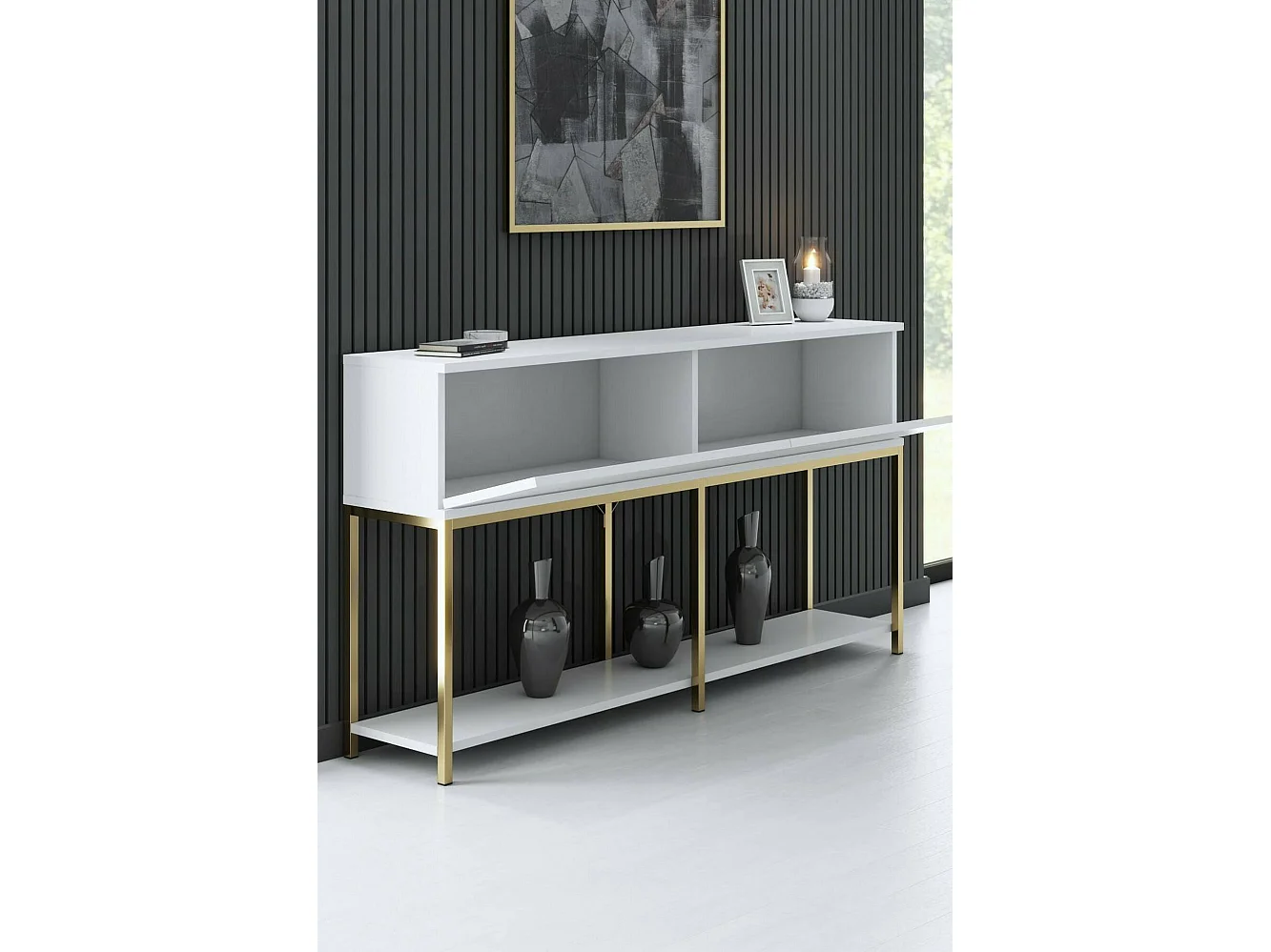 Buffet Altair, Buffet du salon, Commode de salon, Garde-manger de cuisine, 150x30h80 cm, Blanc et Or
