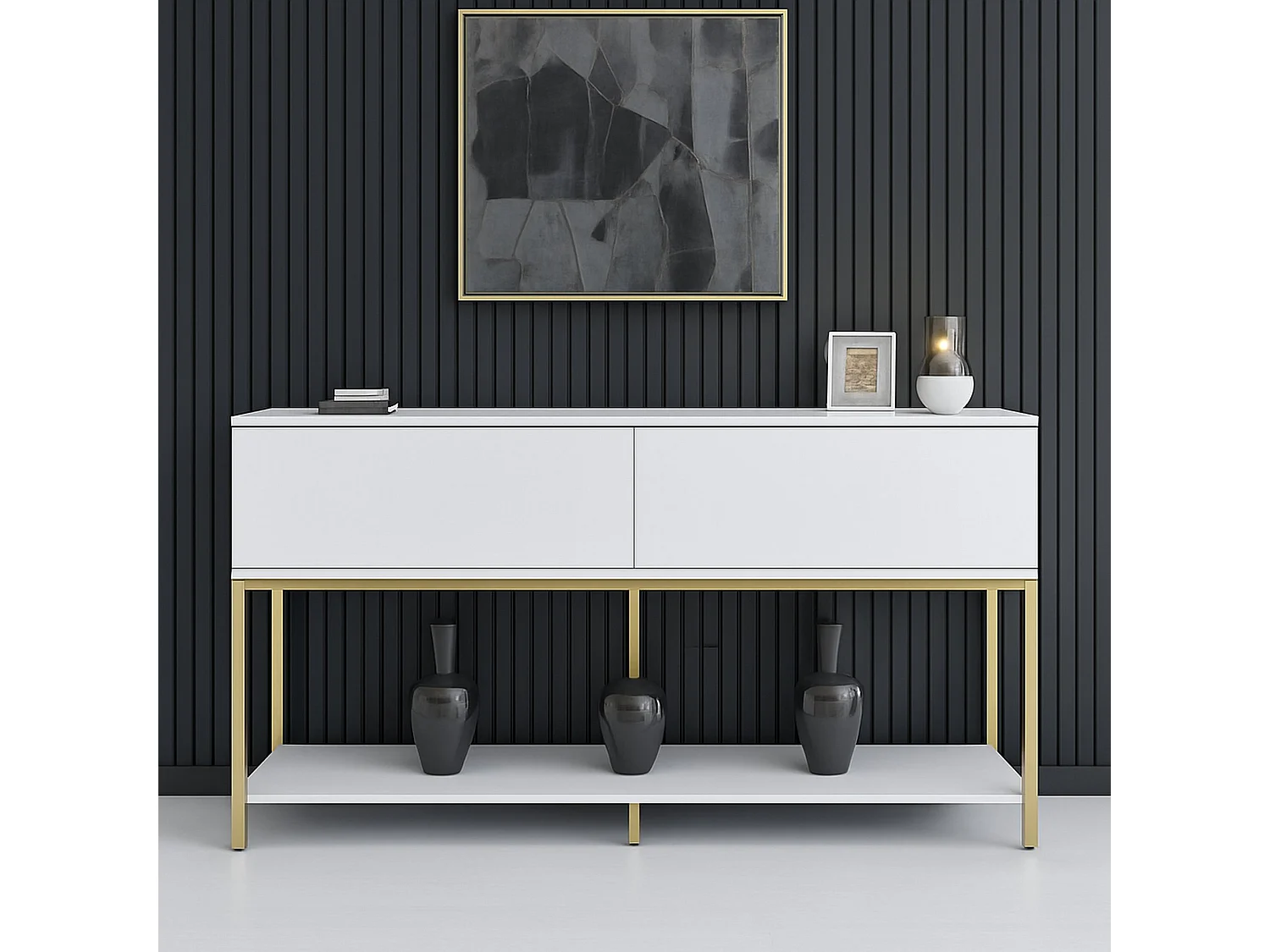 Buffet Altair, Buffet du salon, Commode de salon, Garde-manger de cuisine, 150x30h80 cm, Blanc et Or