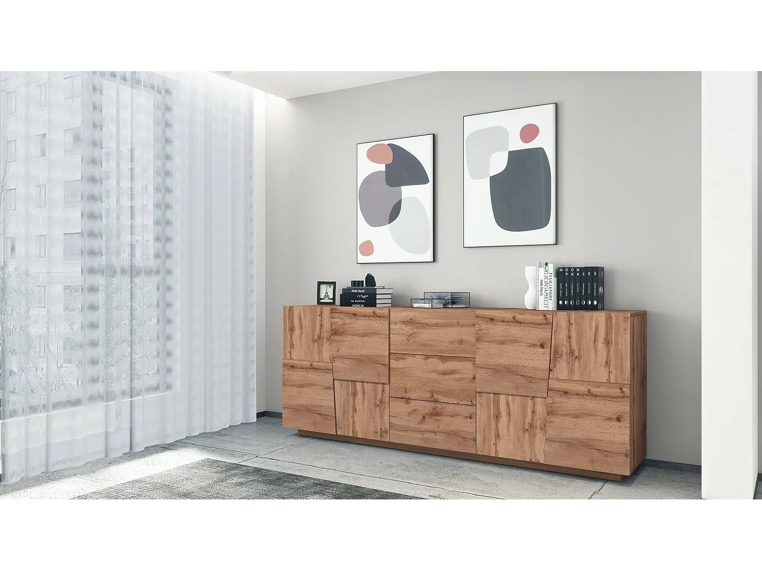 Aparador Ddamsgaar, Buffet de salón, Aparador de salón con 4 puertas y 3 cajones, 220x44h86 cm, Roble