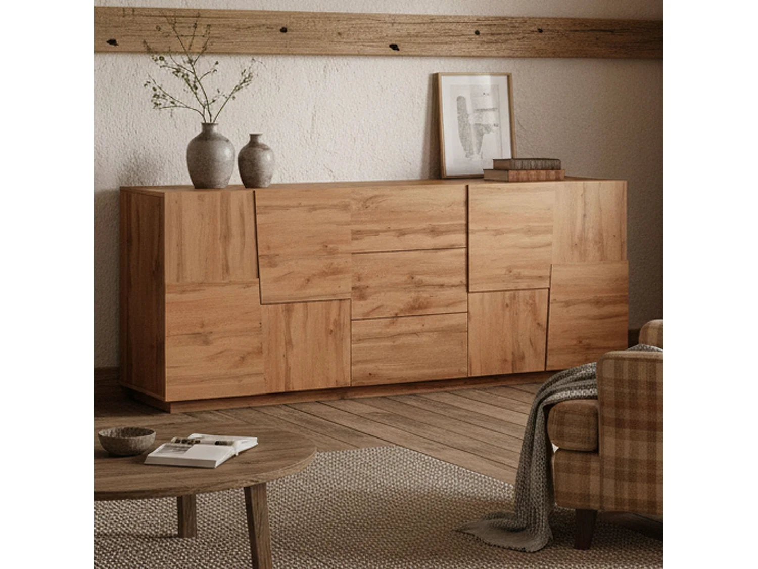 Aparador Ddamsgaar, Buffet de sala de estar, Madia de sala de estarCom 4 portas e 3 gavetas, 220x44h86 cm, Carvalho