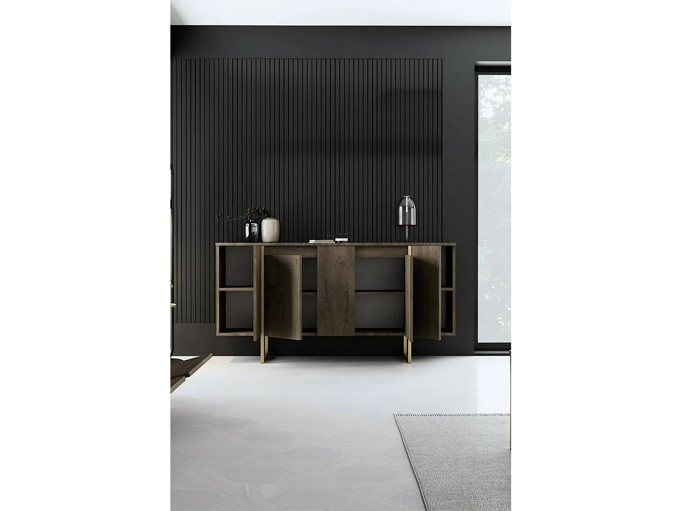 Buffet Betel, Buffet du salon, Commode de salon, Garde-manger de cuisine, 160x35h80 cm, Noyer et Or