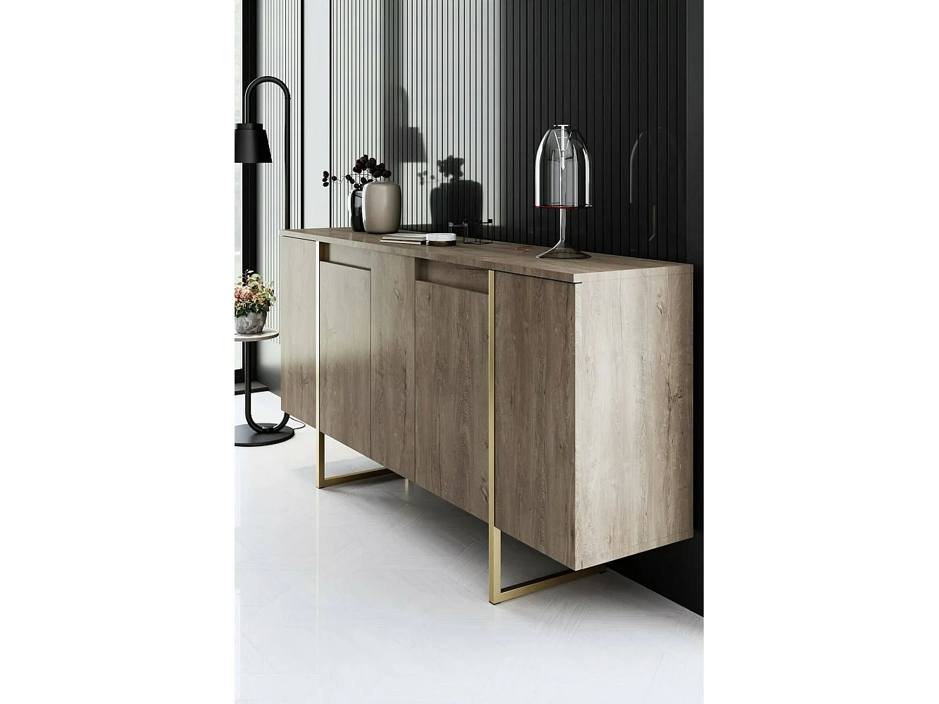 Buffet Betel, Buffet du salon, Commode de salon, Garde-manger de cuisine, 160x35h80 cm, Noyer et Or