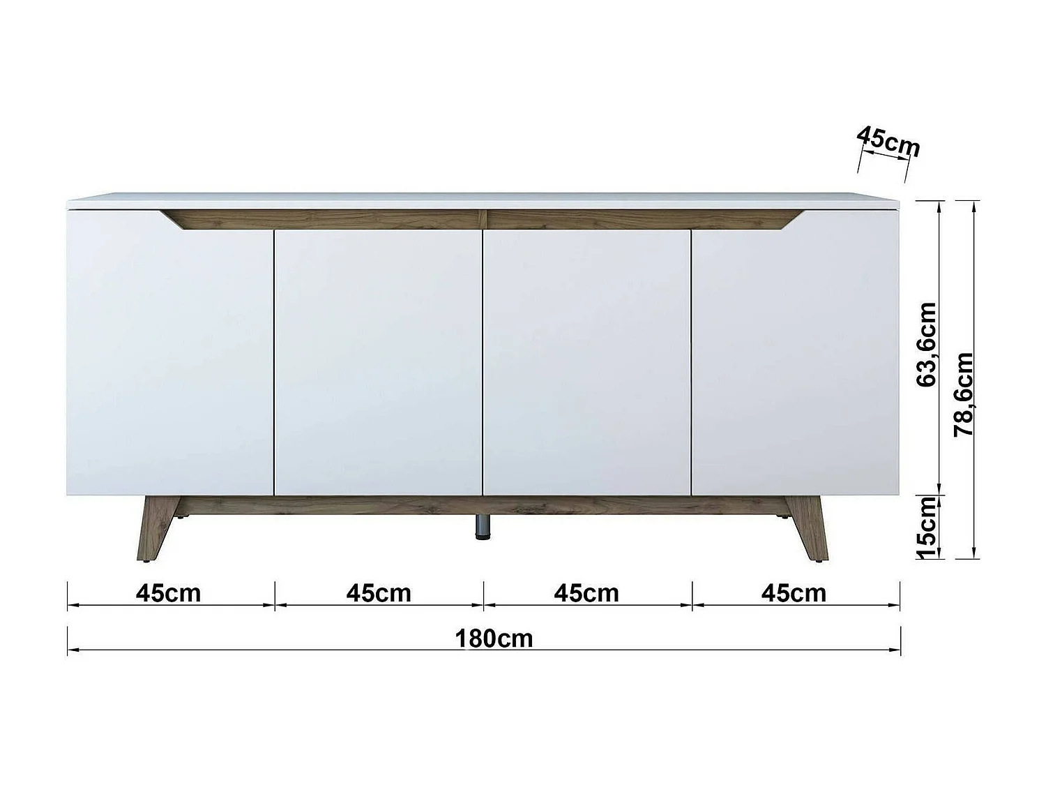 Kommode Dpaves, Wohnzimmerbuffet, Wohnzimmer-Sideboard, Moderne Küchen-Speisekammer, 180x45h79 cm, Weiß und Walnuss