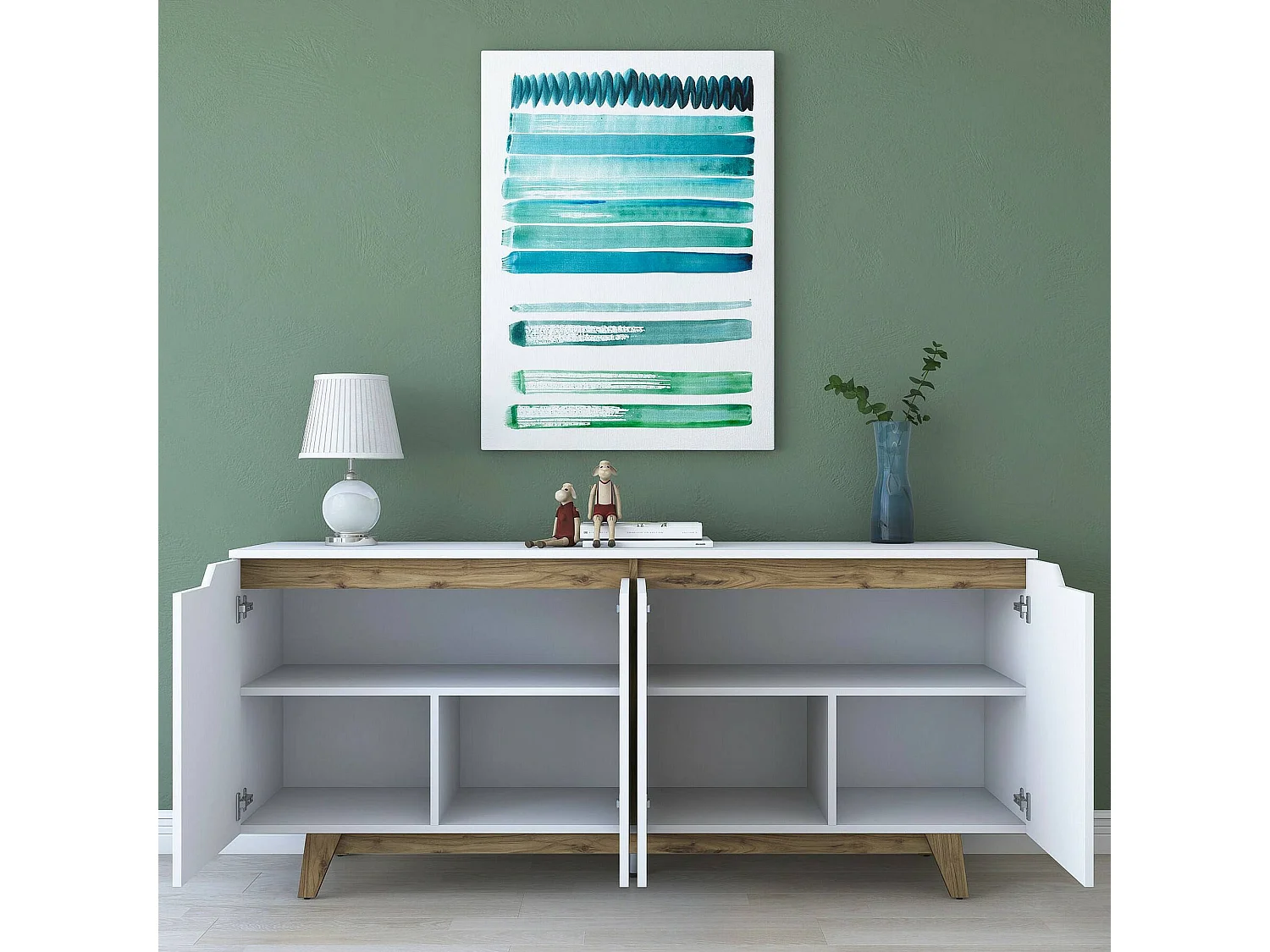 Kommode Dpaves, Wohnzimmerbuffet, Wohnzimmer-Sideboard, Moderne Küchen-Speisekammer, 180x45h79 cm, Weiß und Walnuss