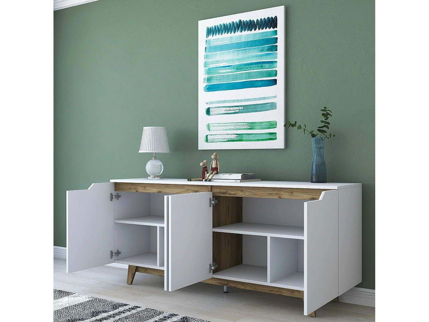 Dpaves dressoir, woonkamerbuffet, woonkamerplank, keukenkast, 180x45h79 cm, wit en walnoot