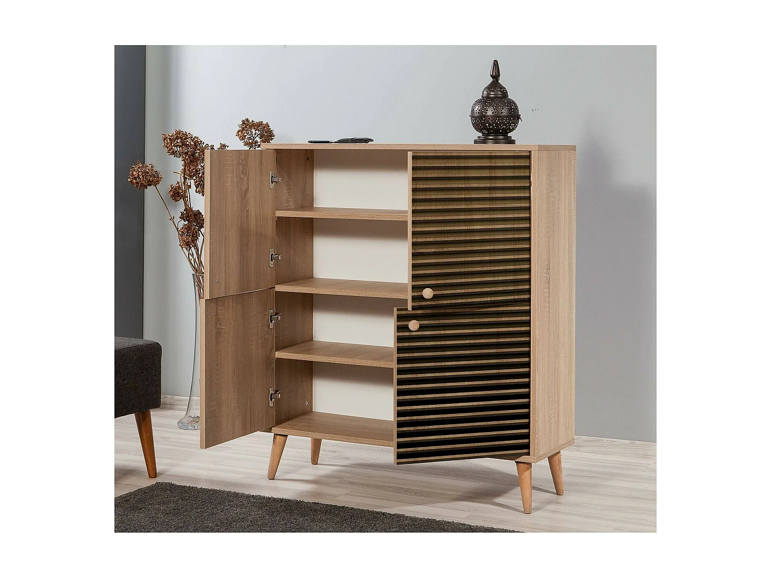 Kommode Dgiannin, Wohnzimmerbuffet, Wohnzimmer-Sideboard, Moderne Küchen-Speisekammer, 95x36h111 cm, Eiche