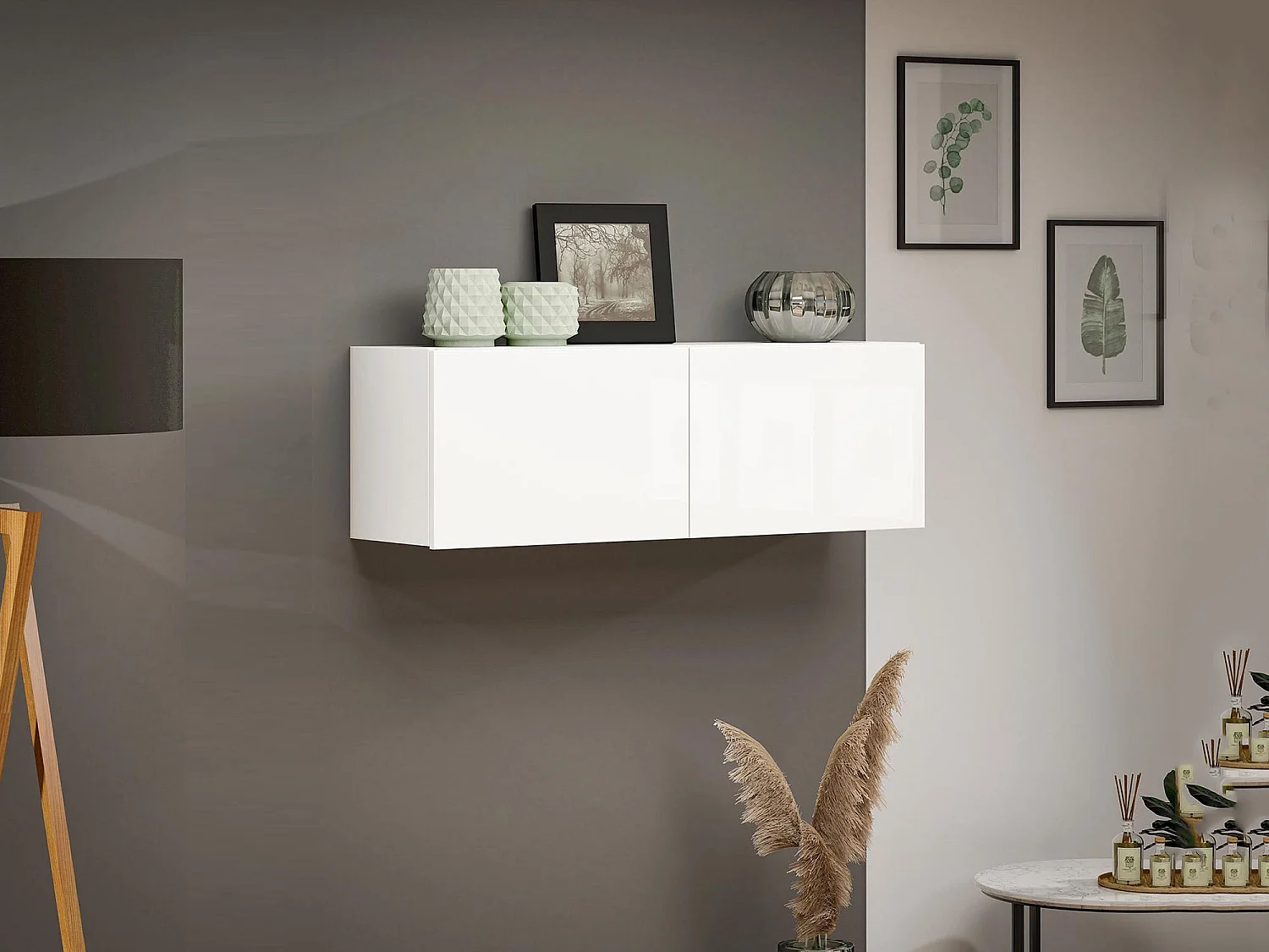 Dfarabegol bovenkast, ArmOpgeschort bijvoeglijk, Bovenkast, Multifunctionele hulpkast, Made in Italy, 113x39h37 cm, Glanzend wit