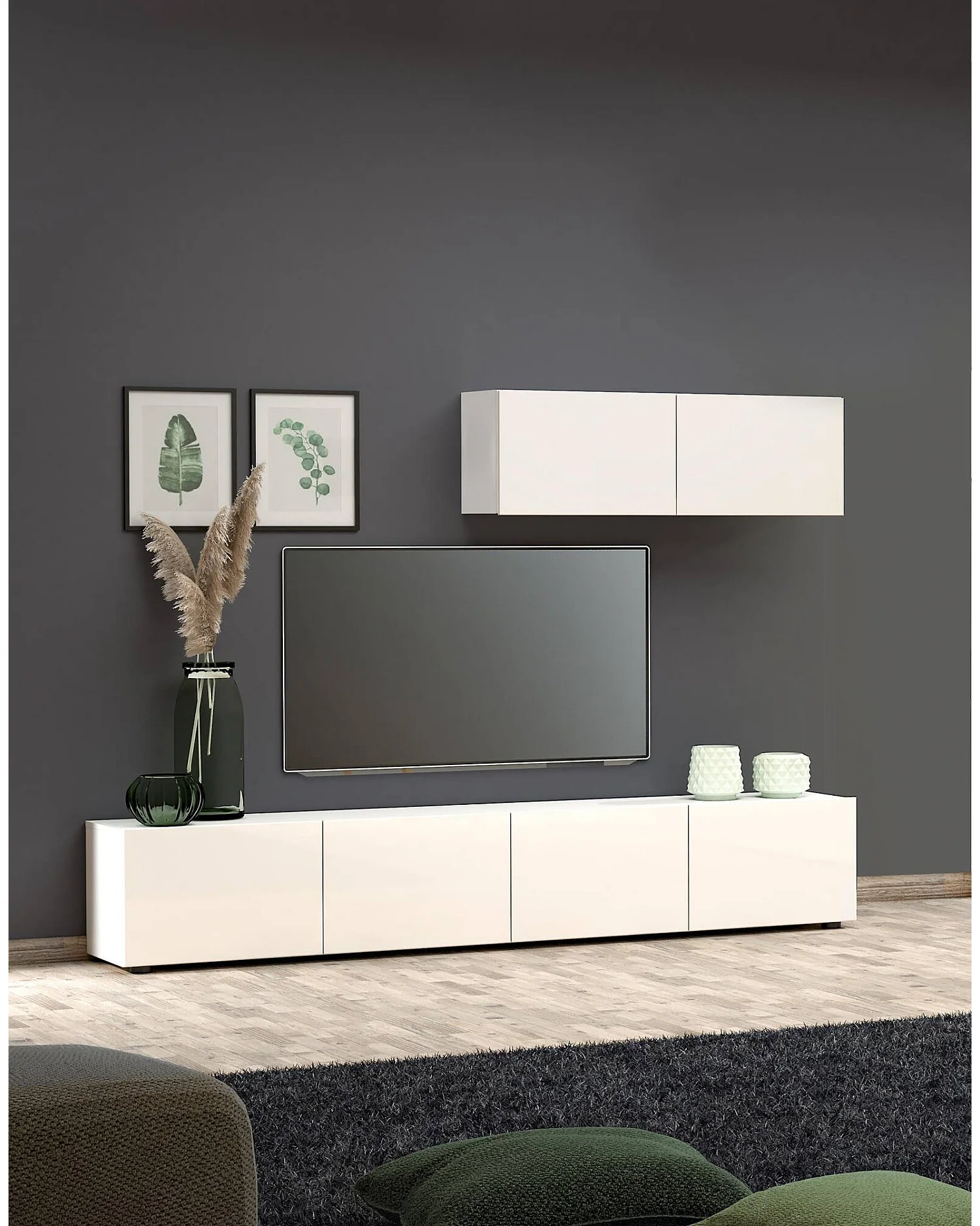 Armoire murale Worcester, Armoire suspendue, Etagère murale, Armoire auxiliaire multifonctionnelle, Made in Italy, 113x39h37 cm, Blanc brillant