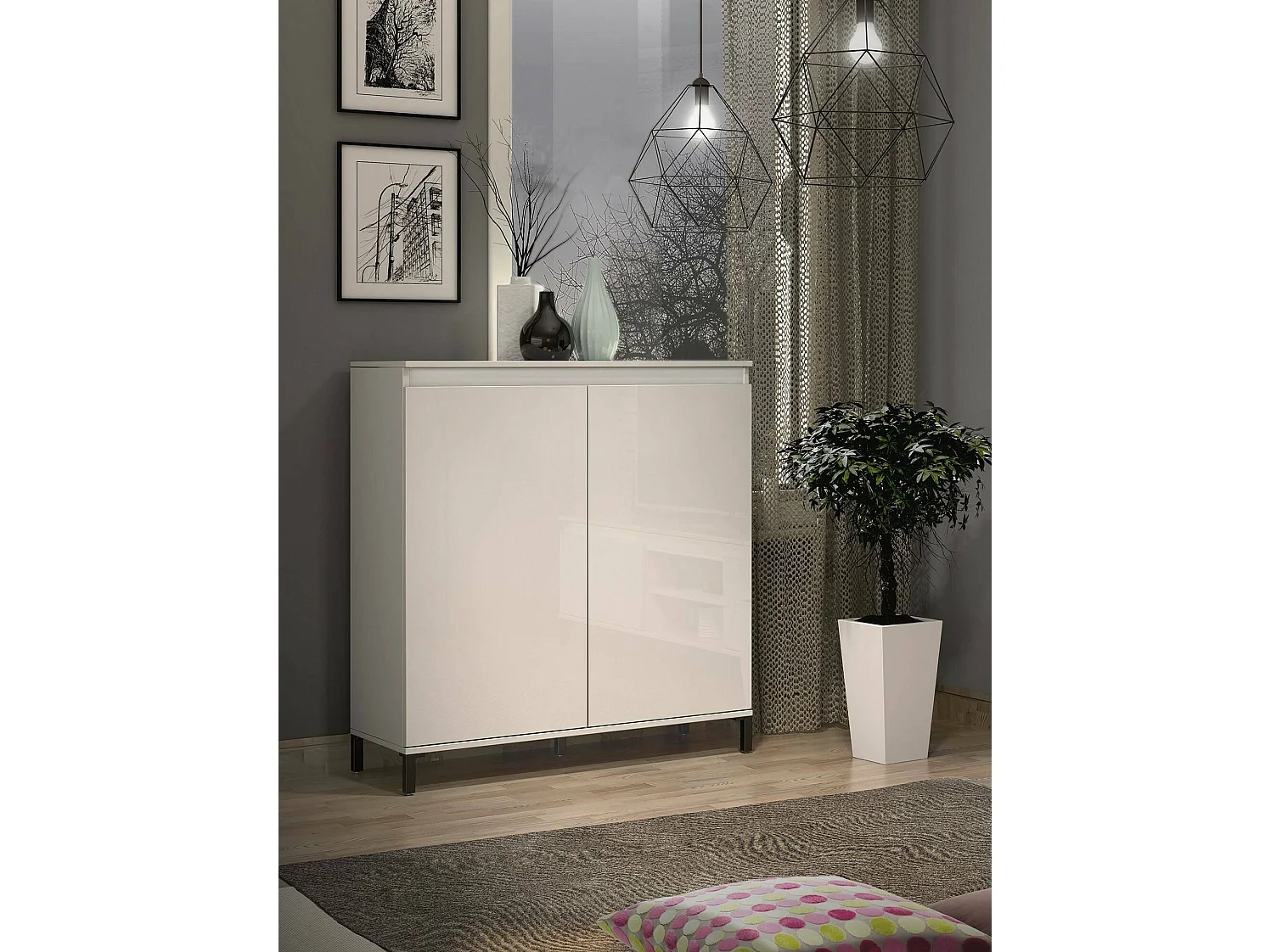 Dcarissim dressoir, Woonkamer buffet, Woonkamer, Keuken bijkeuken, Made in Italy, 100x40h110 cm, Glanzend wit en Antraciet