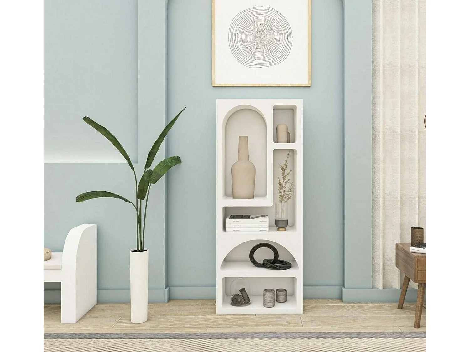 Buffet Bellatrix, Buffet du salon, Commode de salon, Garde-manger de cuisine, 60x32h150 cm, Blanc