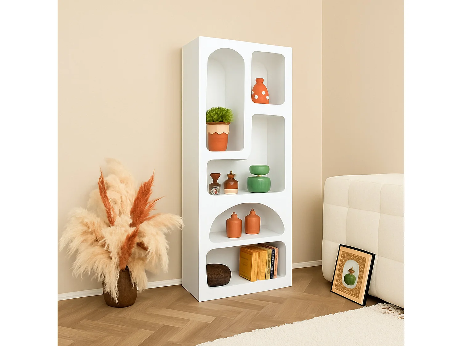 Aparador Dgargiul, Bufé de salón, Aparador de salón, Despensa de cocina, 60x32h150 cm, Blanco