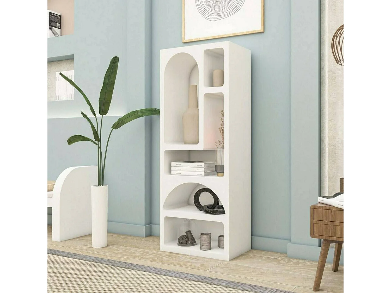 Buffet Bellatrix, Buffet du salon, Commode de salon, Garde-manger de cuisine, 60x32h150 cm, Blanc