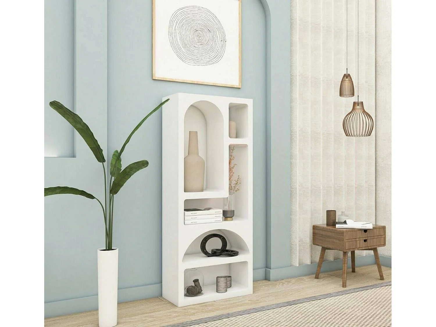 Buffet Bellatrix, Buffet du salon, Commode de salon, Garde-manger de cuisine, 60x32h150 cm, Blanc