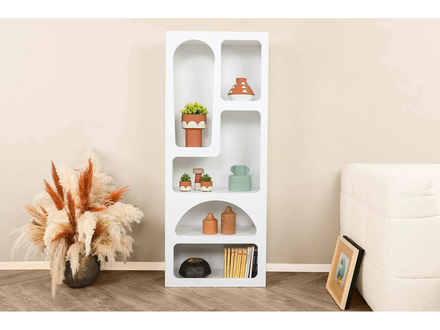 Buffet Bellatrix, Buffet du salon, Commode de salon, Garde-manger de cuisine, 60x32h150 cm, Blanc