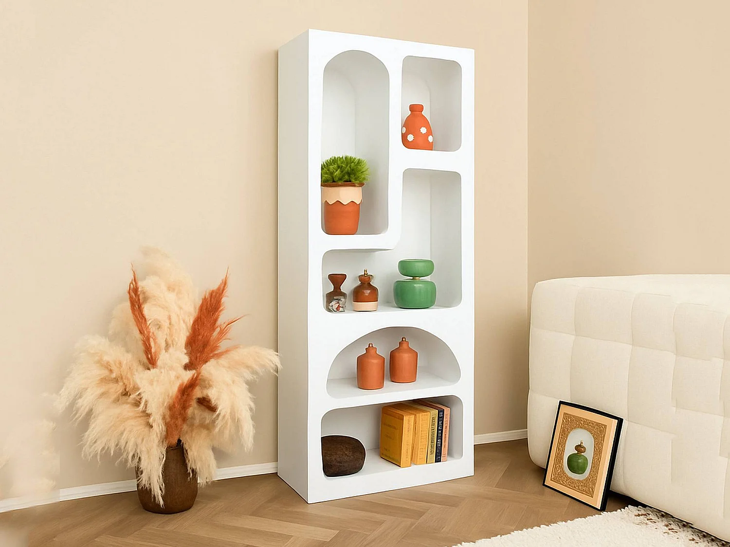 Buffet Bellatrix, Buffet du salon, Commode de salon, Garde-manger de cuisine, 60x32h150 cm, Blanc
