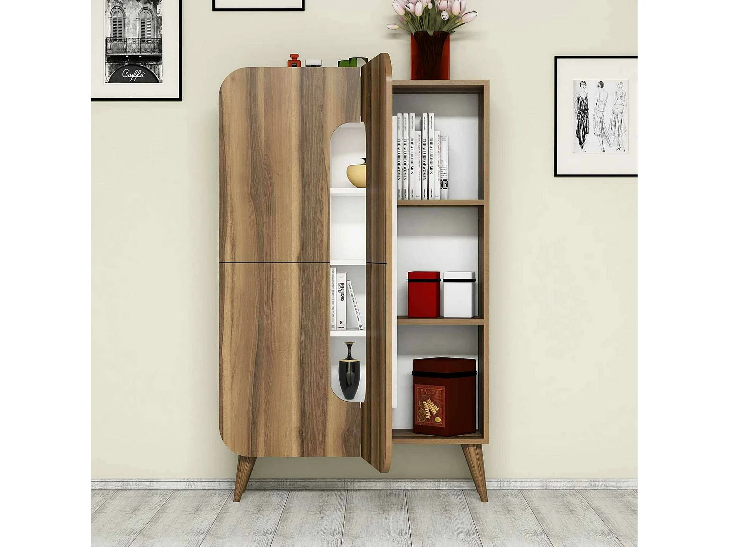 Kommode Dgaudenz, Wohnzimmerbuffet, Wohnzimmer-Sideboard, Moderne Küchen-Speisekammer, 93x32h144 cm, Walnuss und Weiß