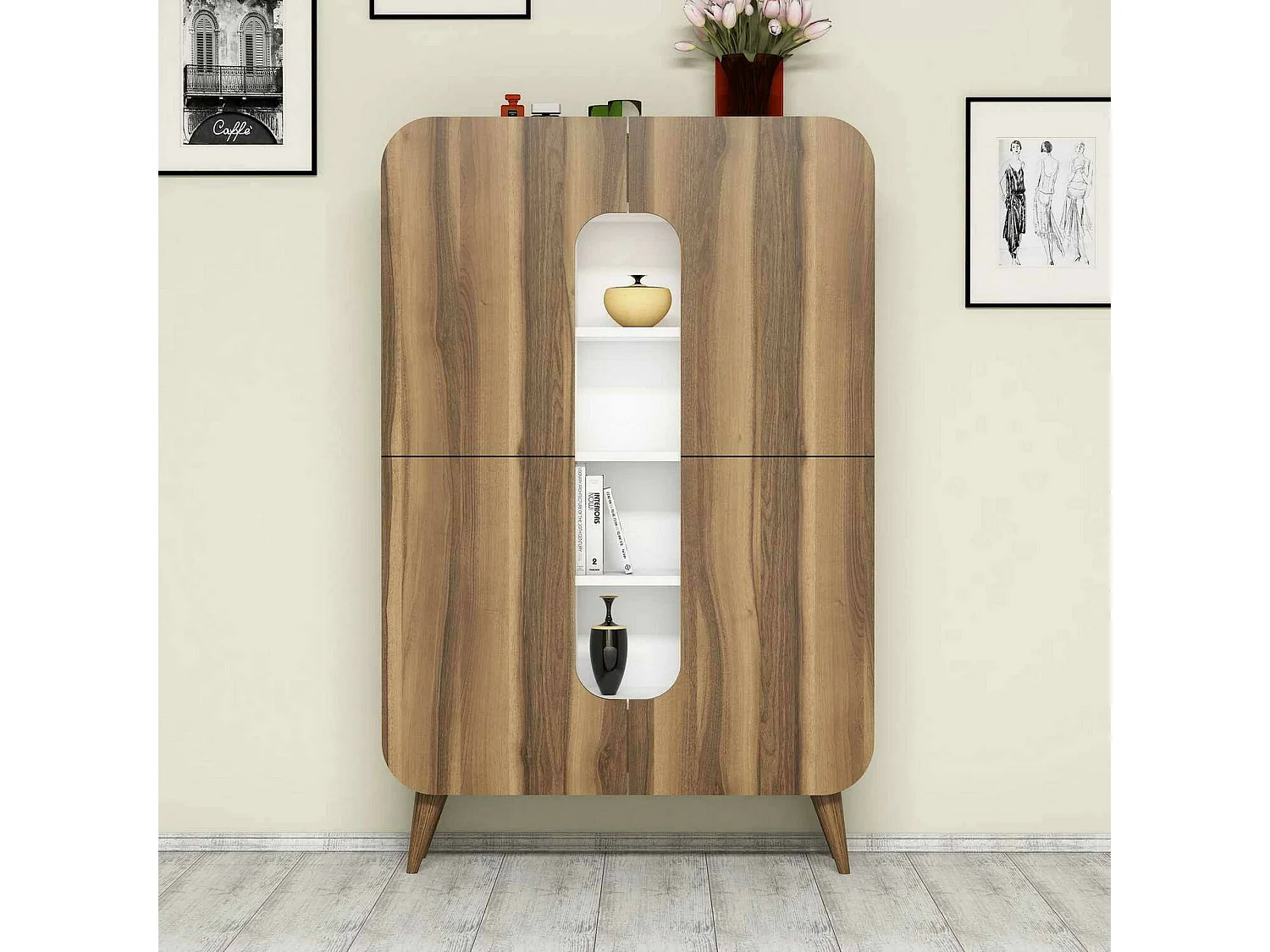 Buffet Betria, Buffet du salon, Commode de salon, Garde-manger de cuisine, 93x32h144 cm, Noyer et Blanc