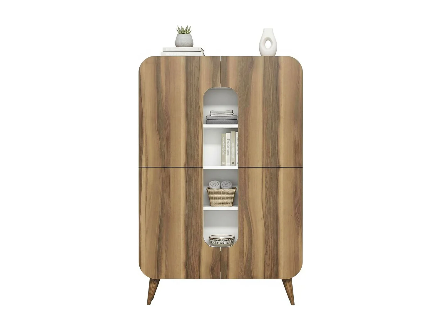 Buffet Betria, Buffet du salon, Commode de salon, Garde-manger de cuisine, 93x32h144 cm, Noyer et Blanc