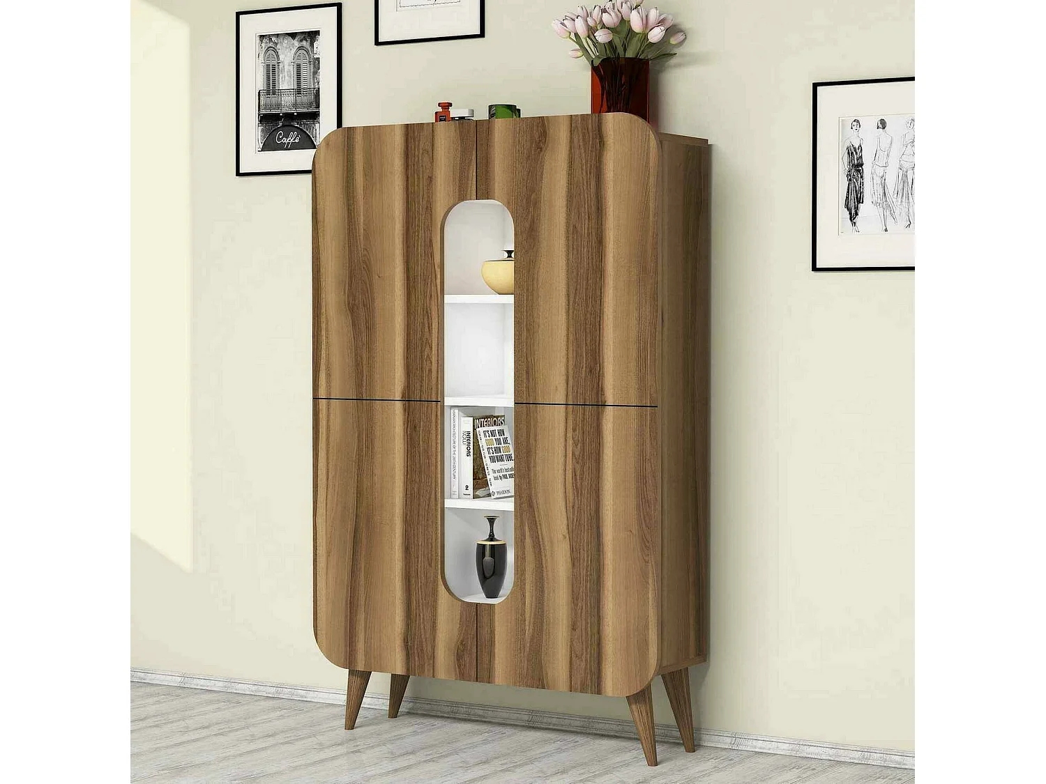 Buffet Betria, Buffet du salon, Commode de salon, Garde-manger de cuisine, 93x32h144 cm, Noyer et Blanc