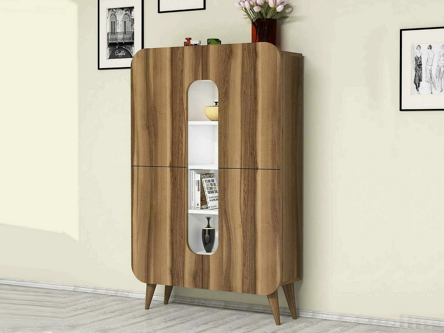 Buffet Betria, Buffet du salon, Commode de salon, Garde-manger de cuisine, 93x32h144 cm, Noyer et Blanc