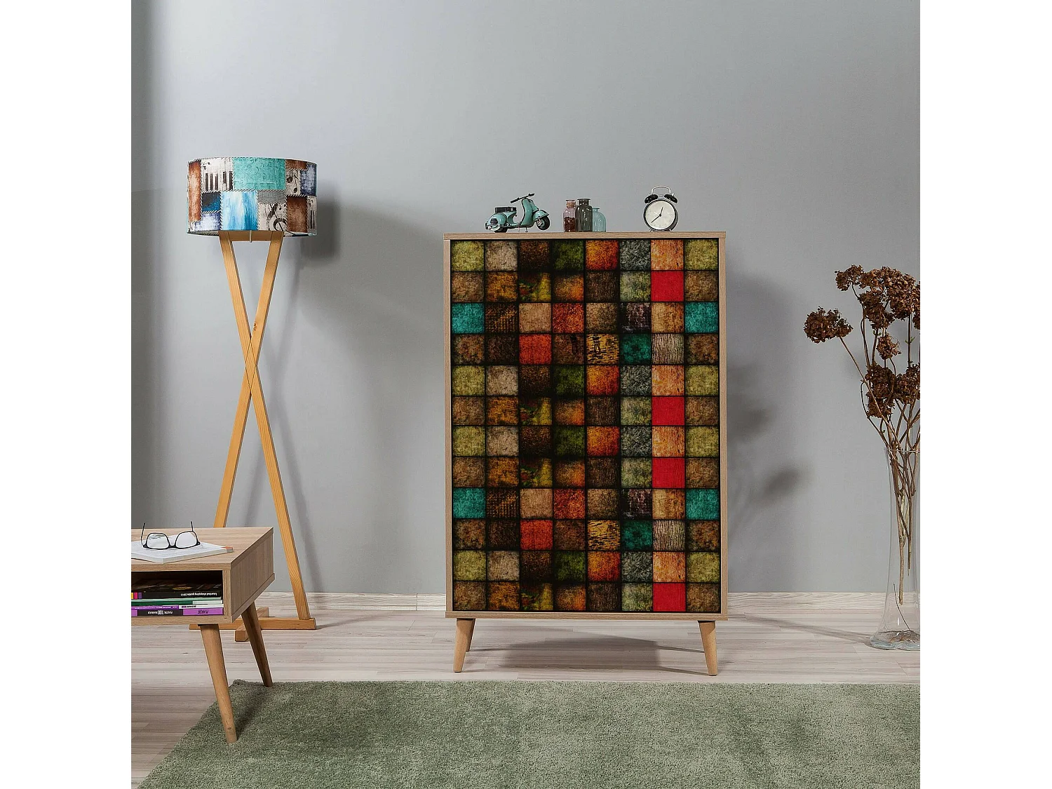 Buffet Proxima, Buffet du salon, Commode de salon, Garde-manger de cuisine, 80x36h127 cm, Chêne et Multicolore