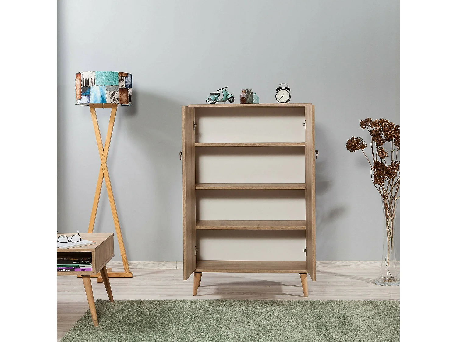 Buffet Proxima, Buffet du salon, Commode de salon, Garde-manger de cuisine, 80x36h127 cm, Chêne et Multicolore