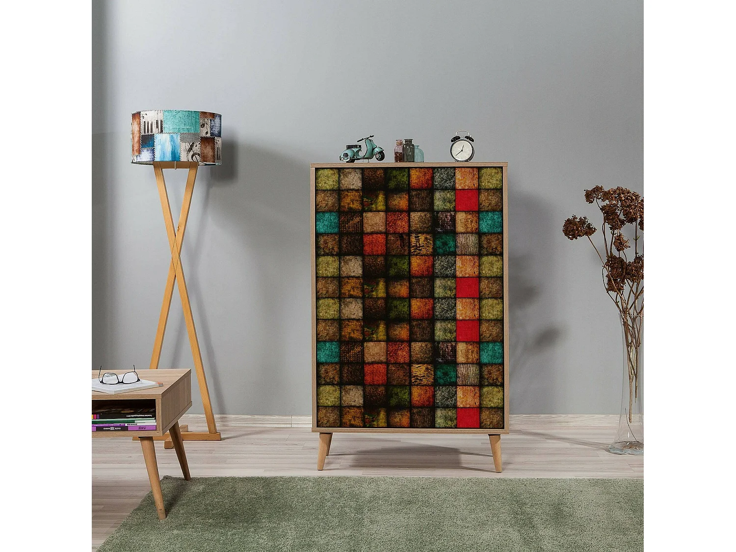 Aparador Dpersy, Buffet de sala, Aparador de sala, Despensa de cozinha, 80x36h127 cm, Carvalho e Multicolorido