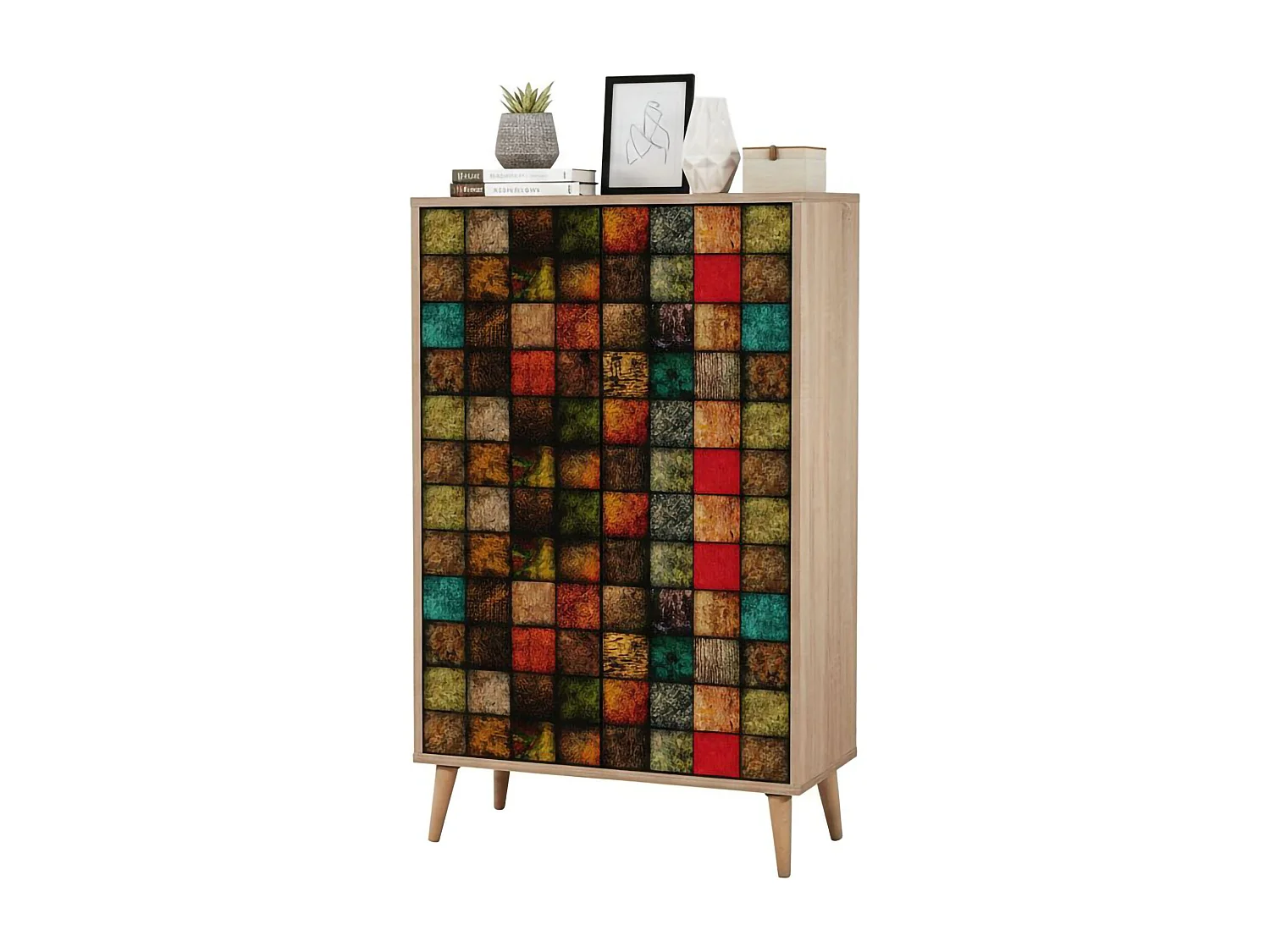 Buffet Proxima, Buffet du salon, Commode de salon, Garde-manger de cuisine, 80x36h127 cm, Chêne et Multicolore