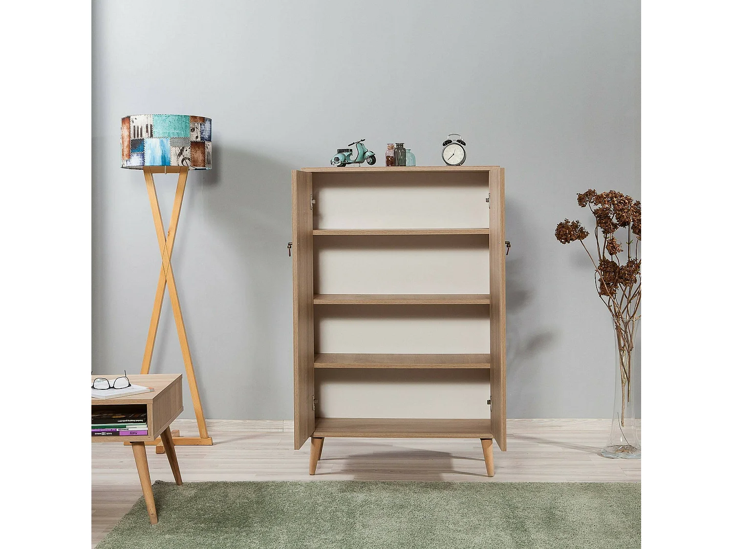 Buffet Proxima, Buffet du salon, Commode de salon, Garde-manger de cuisine, 80x36h127 cm, Chêne et Multicolore