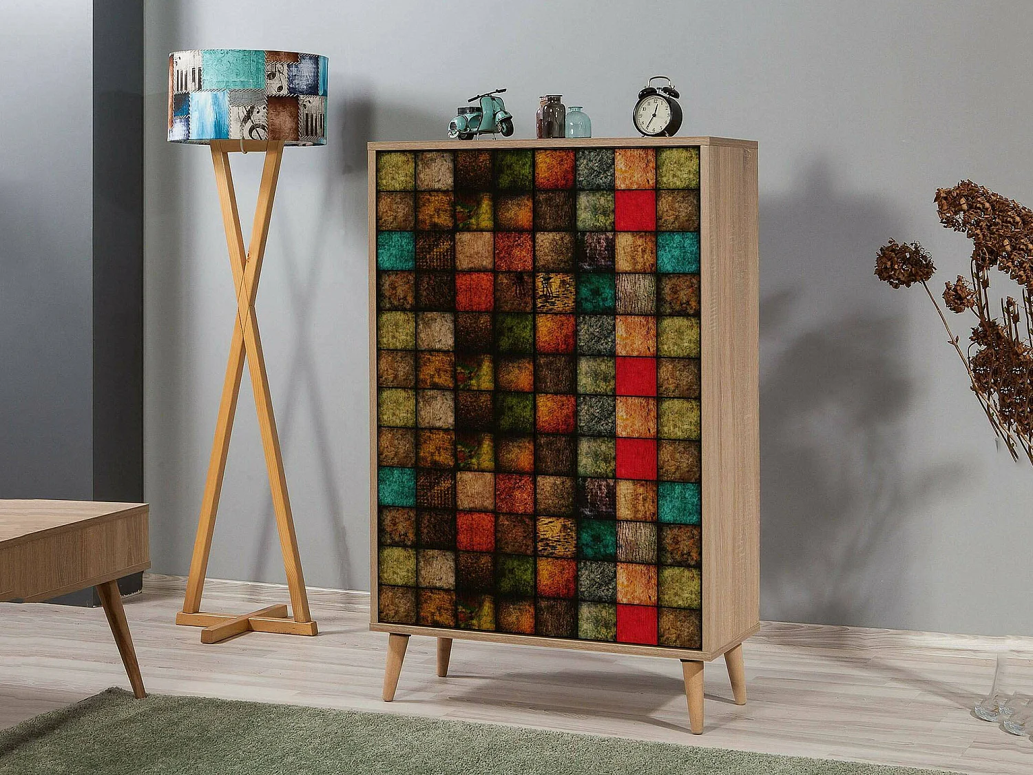 Buffet Proxima, Buffet du salon, Commode de salon, Garde-manger de cuisine, 80x36h127 cm, Chêne et Multicolore