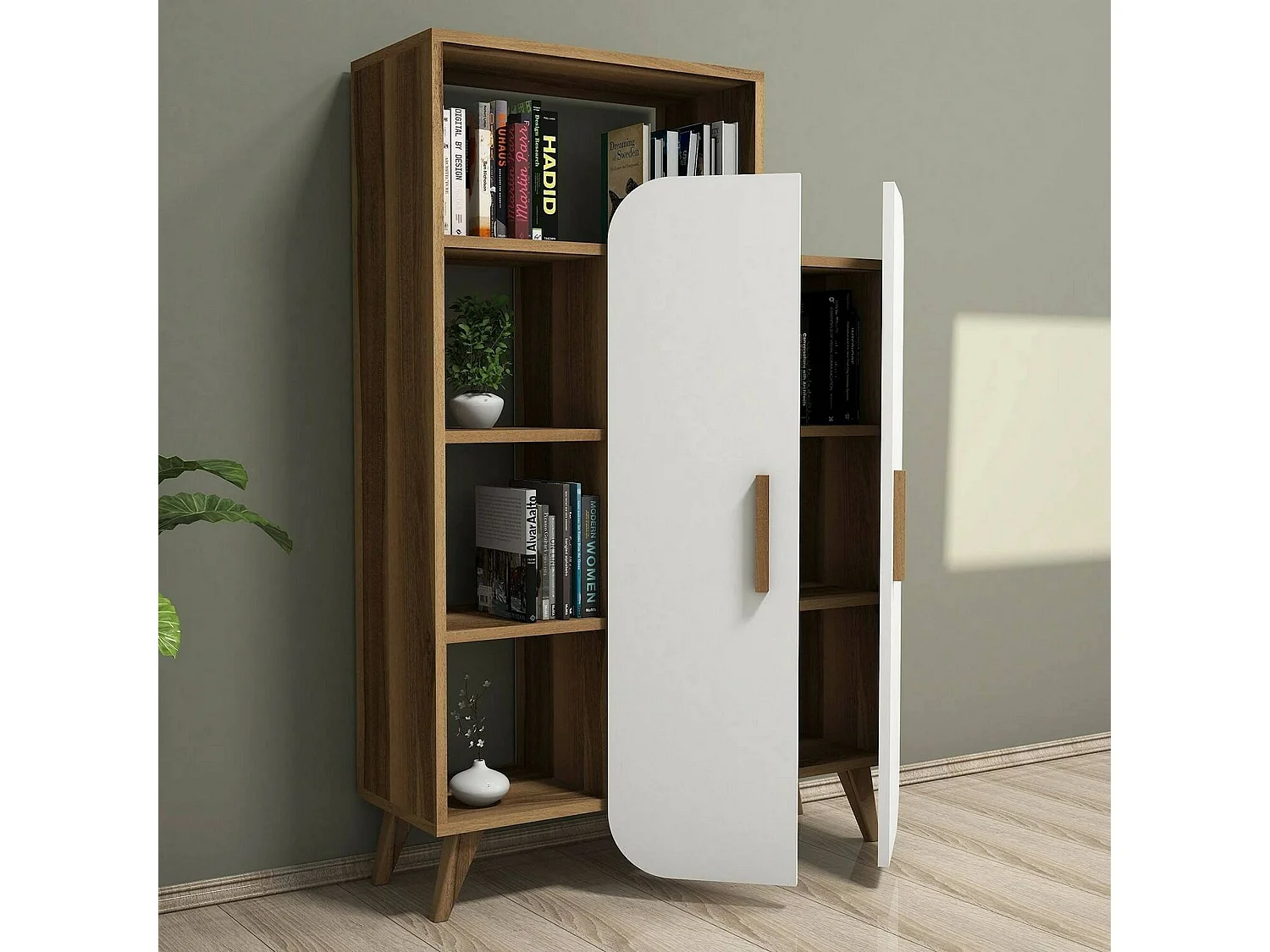 Dgiavard Dressoir, Woonkamer Buffet, Woonkamer, Keuken Pantry, 90x32h132 cm, Walnoot en Wit