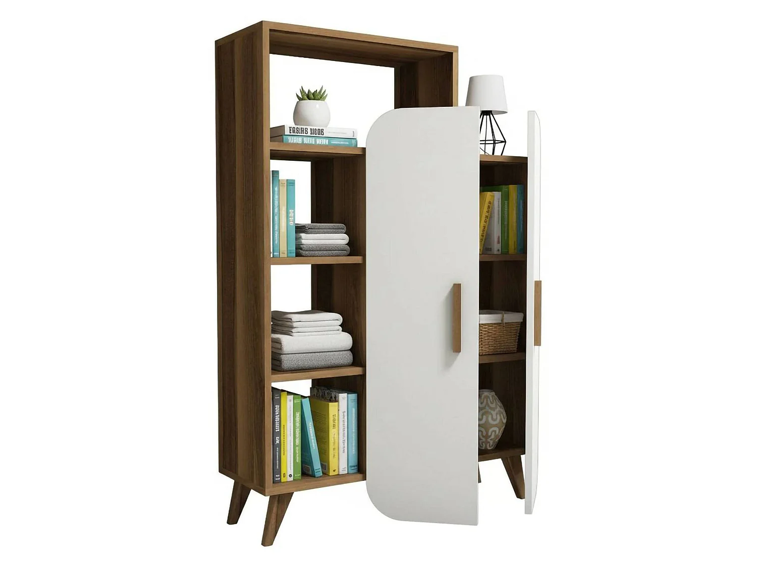 Buffet Capella, Buffet du salon, Commode de salon, Garde-manger de cuisine, 90x32h132 cm, Noyer et Blanc