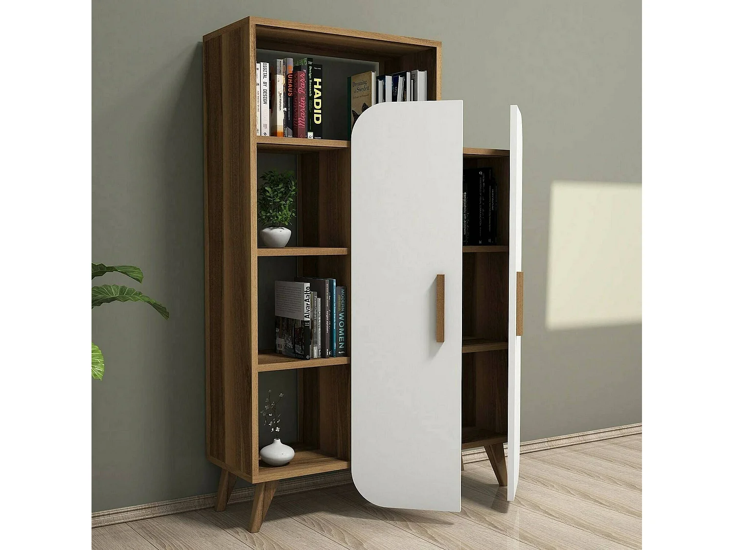 Buffet Capella, Buffet du salon, Commode de salon, Garde-manger de cuisine, 90x32h132 cm, Noyer et Blanc