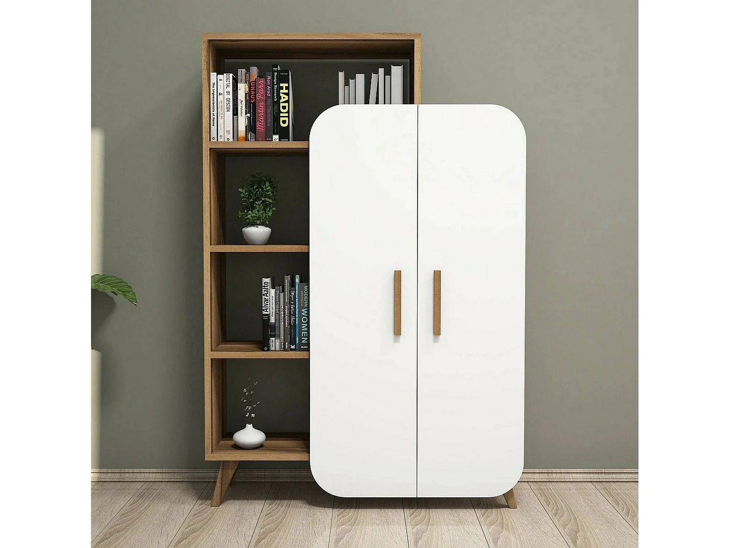 Buffet Capella, Buffet du salon, Commode de salon, Garde-manger de cuisine, 90x32h132 cm, Noyer et Blanc