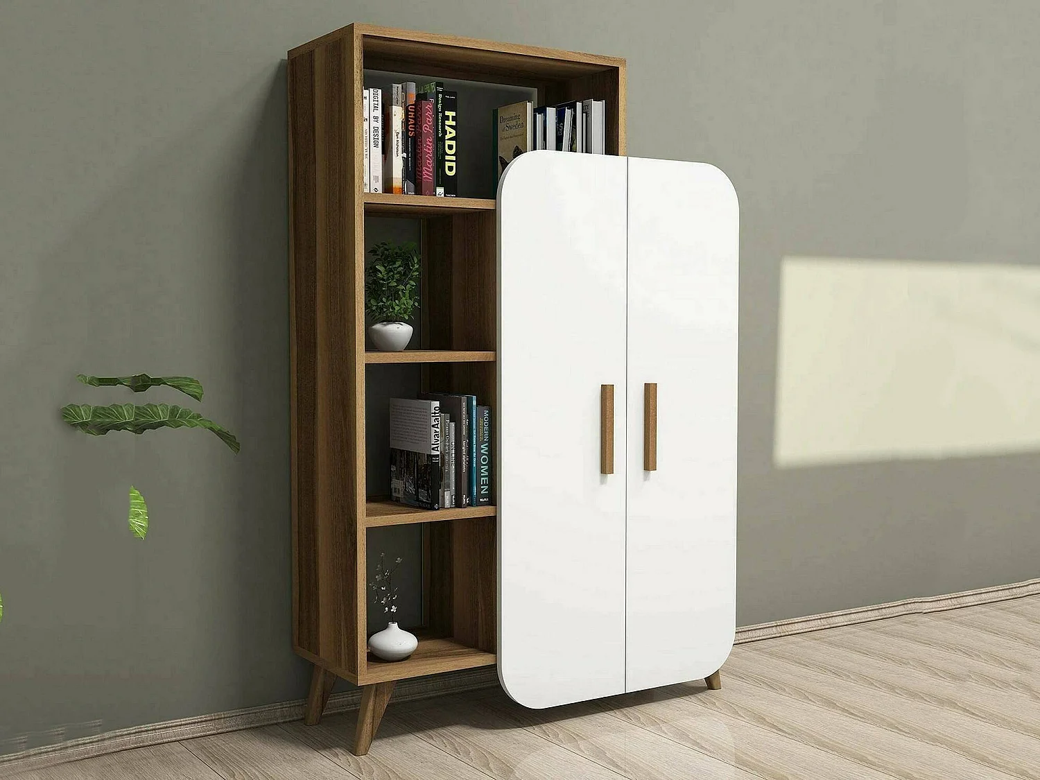 Buffet Capella, Buffet du salon, Commode de salon, Garde-manger de cuisine, 90x32h132 cm, Noyer et Blanc