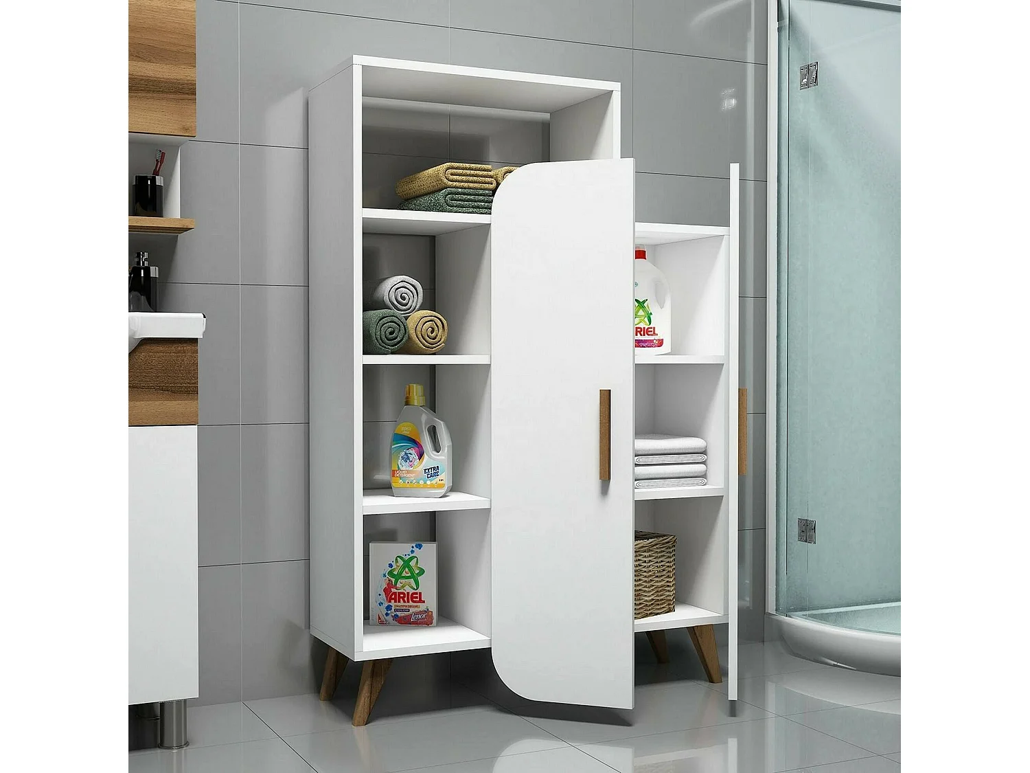 Buffet Capella, Buffet du salon, Commode de salon, Garde-manger de cuisine, 90x32h132 cm, Blanc