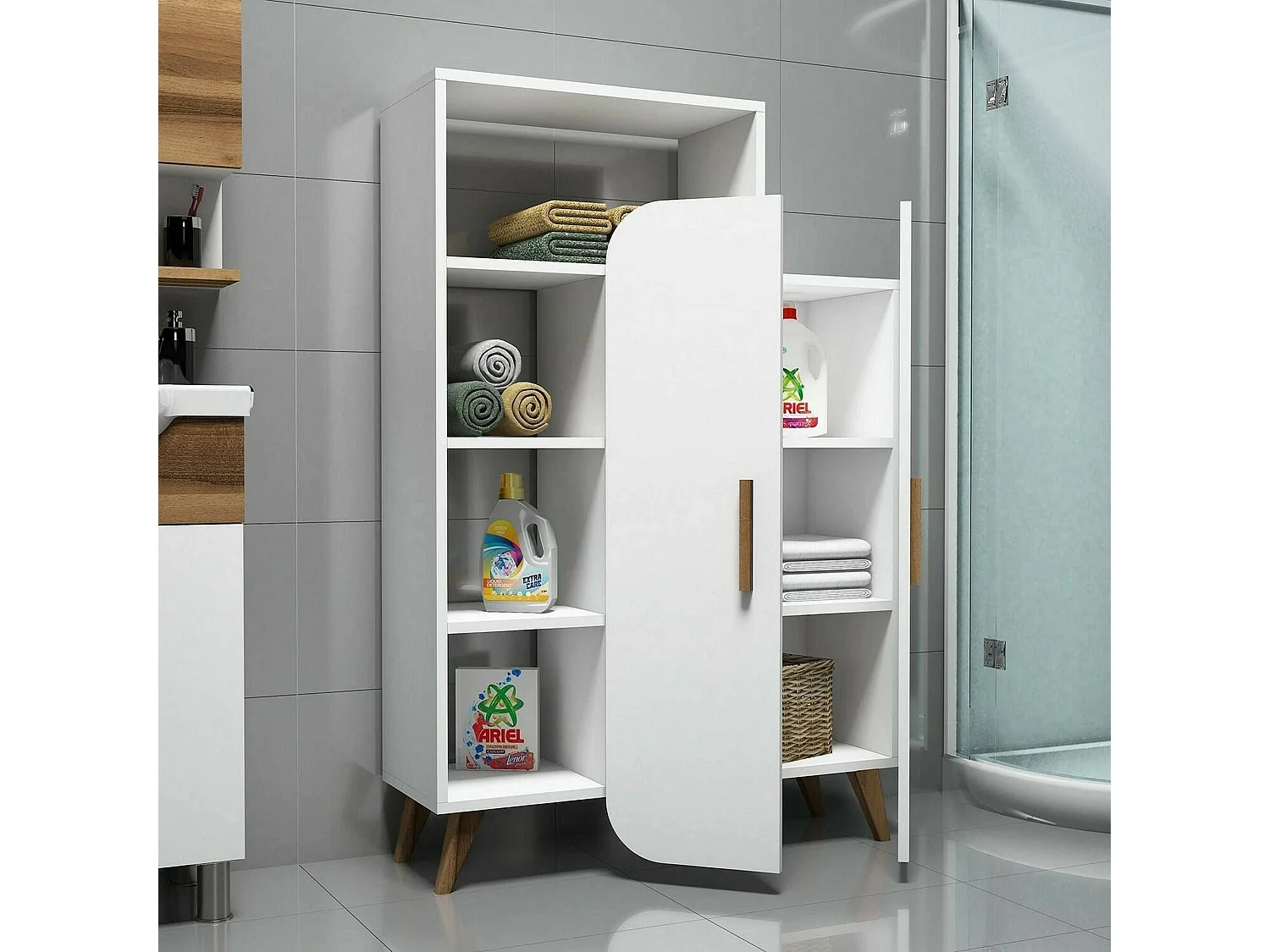 Buffet Capella, Buffet du salon, Commode de salon, Garde-manger de cuisine, 90x32h132 cm, Blanc