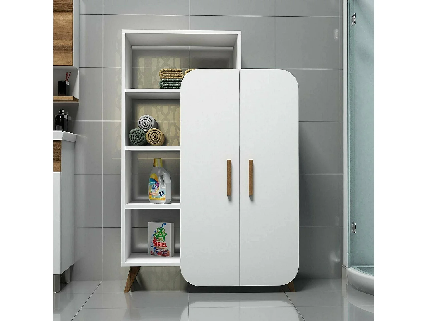 Buffet Capella, Buffet du salon, Commode de salon, Garde-manger de cuisine, 90x32h132 cm, Blanc