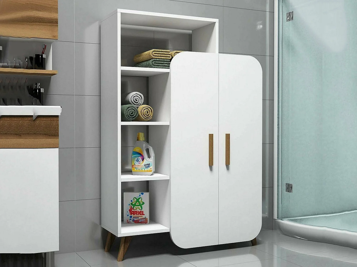 Buffet Capella, Buffet du salon, Commode de salon, Garde-manger de cuisine, 90x32h132 cm, Blanc