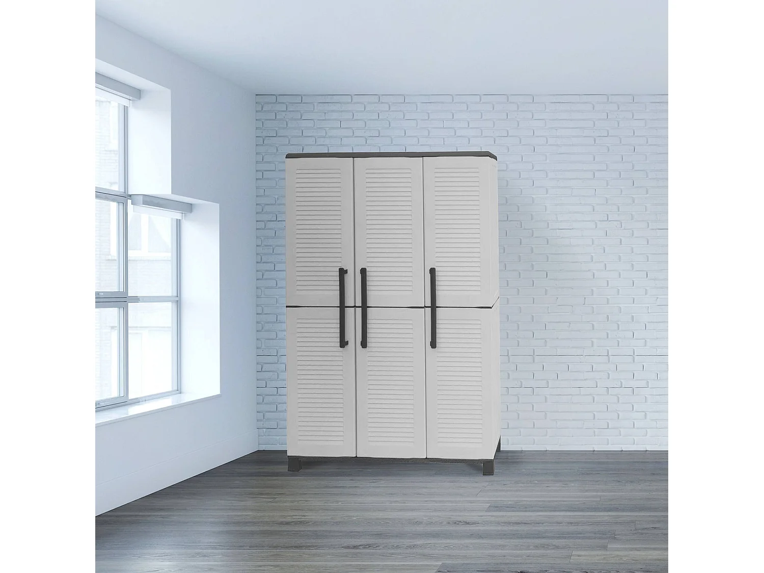 Dbellanov Buitenkast, Bezemkast, 3-deurs Buitenkast, 100% Made in Italy, 102x37h169 cm, Lichtgrijs en Zwart, Gestreepte Afwerking