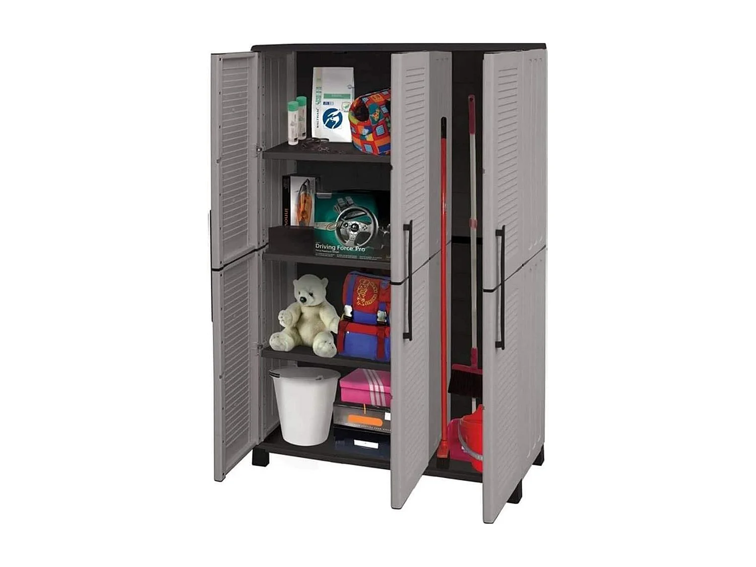 Armario de exterior Dbellanov, Mueble portaescobas, mueble de exterior de 3 puertas, 100% Made in Italy, 102x37h169 cm, Gris claro y negro, Acabado a rayas