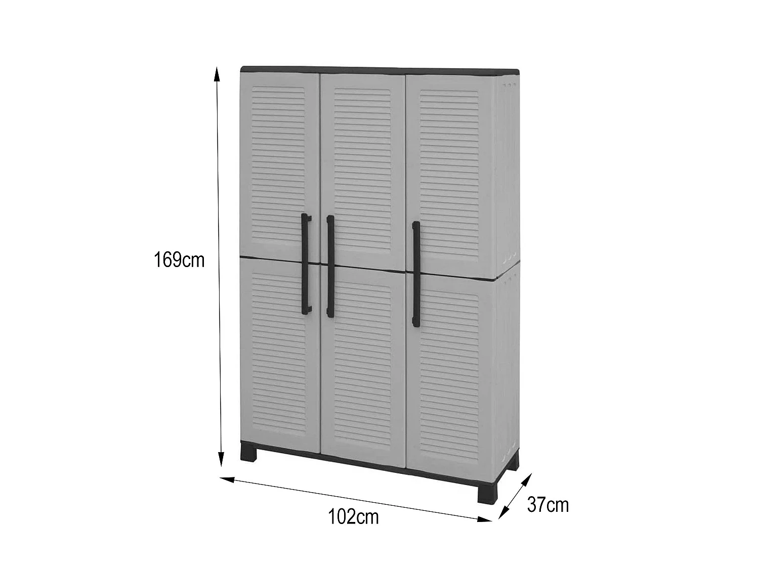 Armoire d'extérieur Nandrin, Armoire porte-balai, Armoire d'extérieur 3 portes, 100% Made in Italy, 102x37h169 cm, Gris clair et noir, Finition rayée