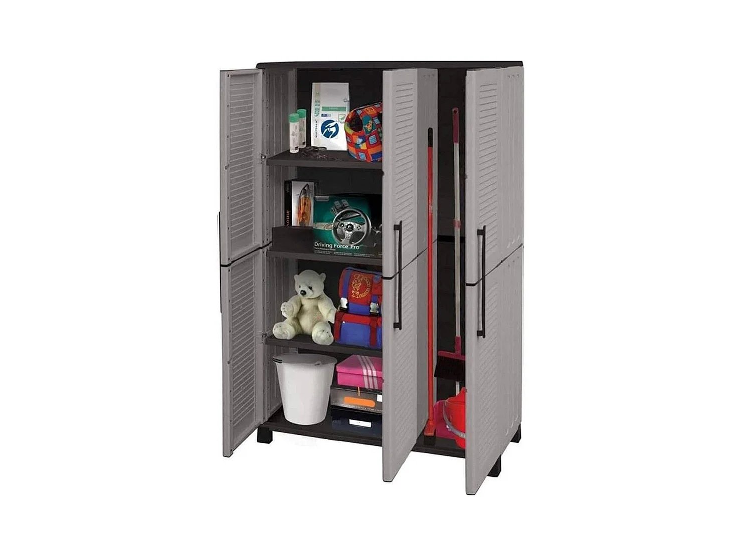 Armoire d'extérieur Nandrin, Armoire porte-balai, Armoire d'extérieur 3 portes, 100% Made in Italy, 102x37h169 cm, Gris clair et noir, Finition rayée